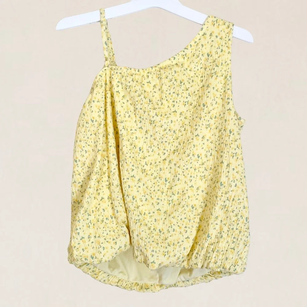 Cat & Jack Girls XL 14 Yellow Floral One Shoulder Bubble Hem Tank Top NWT